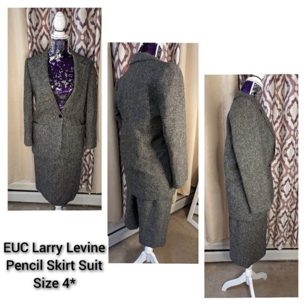 Vintage Larry Levine Black Grey Chevron Tweed‎ Midi Skirt Suit Set 4 Made in USA